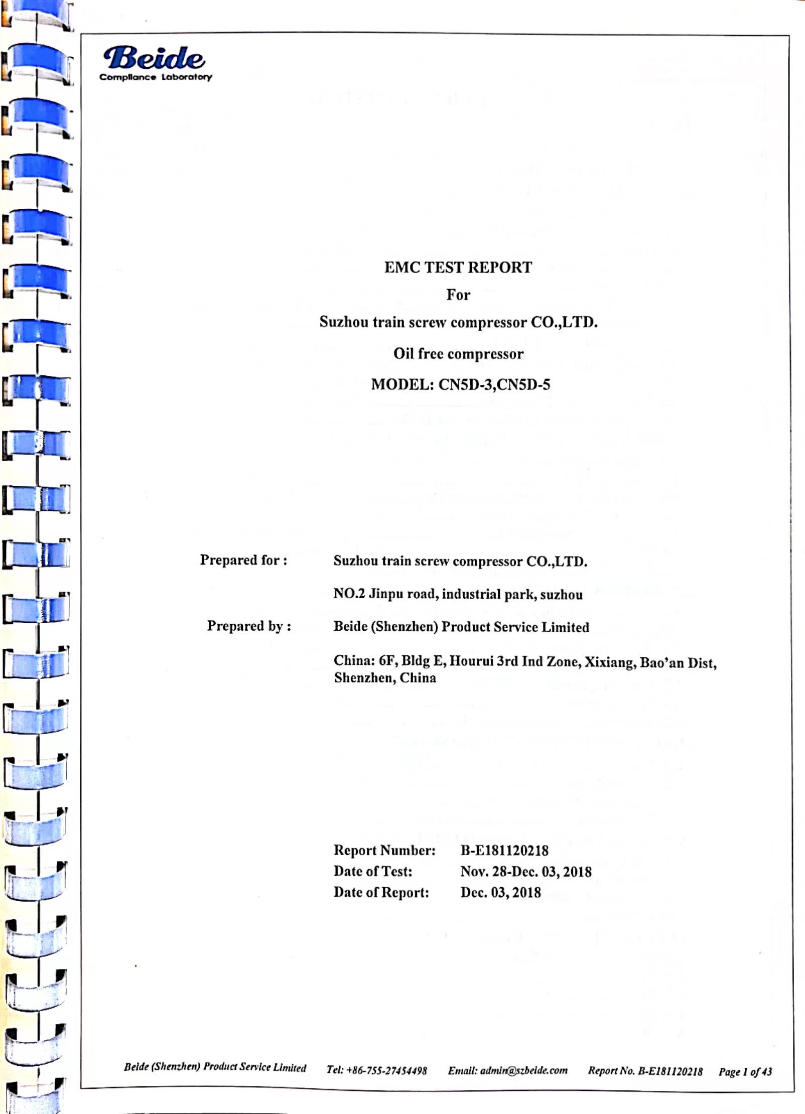 Beide CN5D-3 無油空壓機(jī)檢測報告
